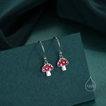 Dangling Mushroom Drop Hook Earrings in Sterling Silver, Mushroom Dangle Earrings, Red Enamel Mushroom Earrings, Toadstool Earrings