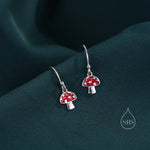 Dangling Mushroom Drop Hook Earrings in Sterling Silver, Mushroom Dangle Earrings, Red Enamel Mushroom Earrings, Toadstool Earrings