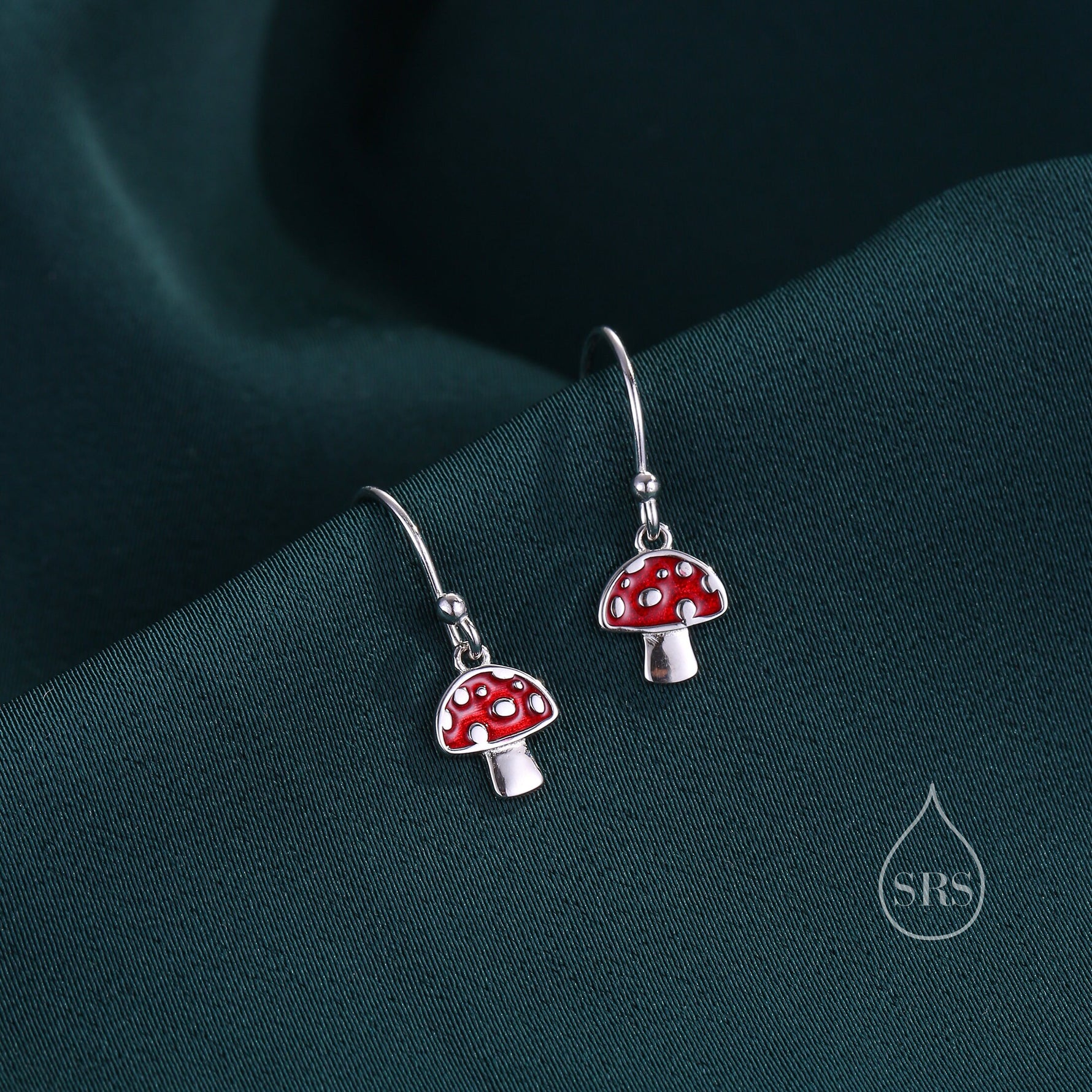 Dangling Mushroom Drop Hook Earrings in Sterling Silver, Mushroom Dangle Earrings, Red Enamel Mushroom Earrings, Toadstool Earrings