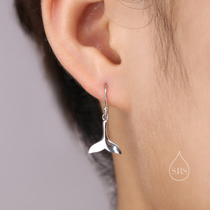 Whale Tail Drop Hook Earrings in Sterling Silver, Silver or Gold or Rose Gold, Fish Tail Dangle Earrings, Fish Earrings, Silver Fish Earring