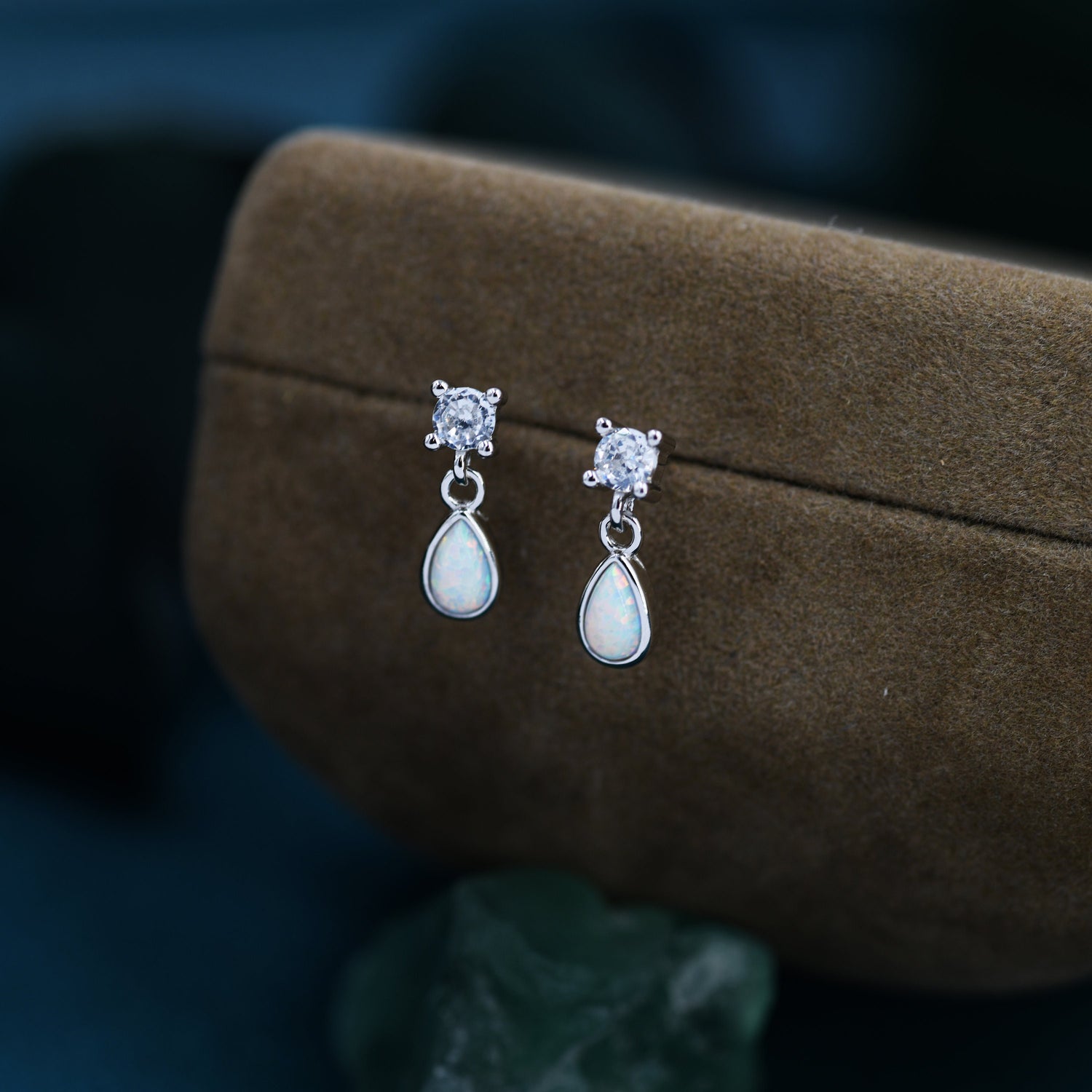 Tiny Opal Dangle Stud Earrings in Sterling Silver with Round CZ and Droplet Opals, Silver or Gold, White Opal or Blue Opal