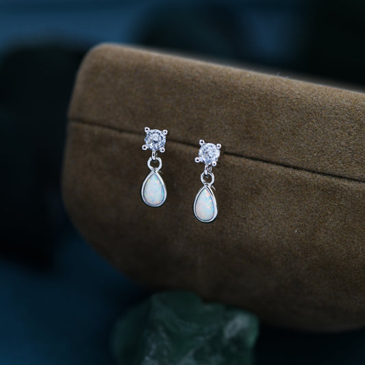 Tiny Opal Dangle Stud Earrings in Sterling Silver with Round CZ and Droplet Opals, Silver or Gold, White Opal or Blue Opal