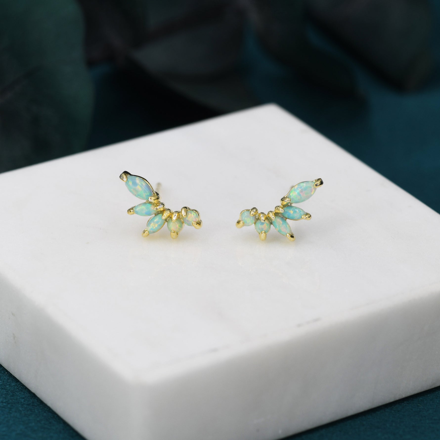 Sterling Silver Green Opal Marquise Cluster Stud Earrings, Silver and Gold, Opal Earrings, Lab Opal Mini Crawler Earrings, Minimalist