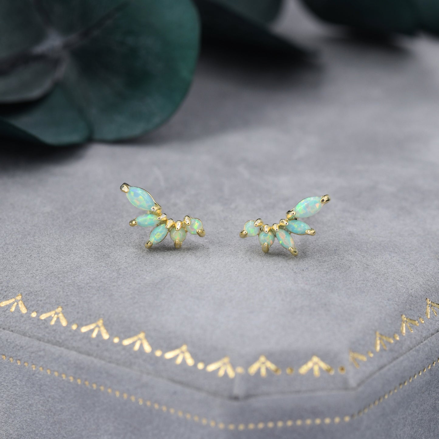 Sterling Silver Green Opal Marquise Cluster Stud Earrings, Silver and Gold, Opal Earrings, Lab Opal Mini Crawler Earrings, Minimalist
