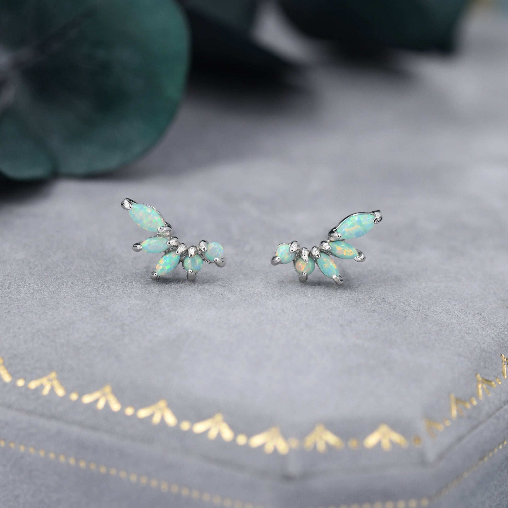 Sterling Silver Green Opal Marquise Cluster Stud Earrings, Silver and Gold, Opal Earrings, Lab Opal Mini Crawler Earrings, Minimalist