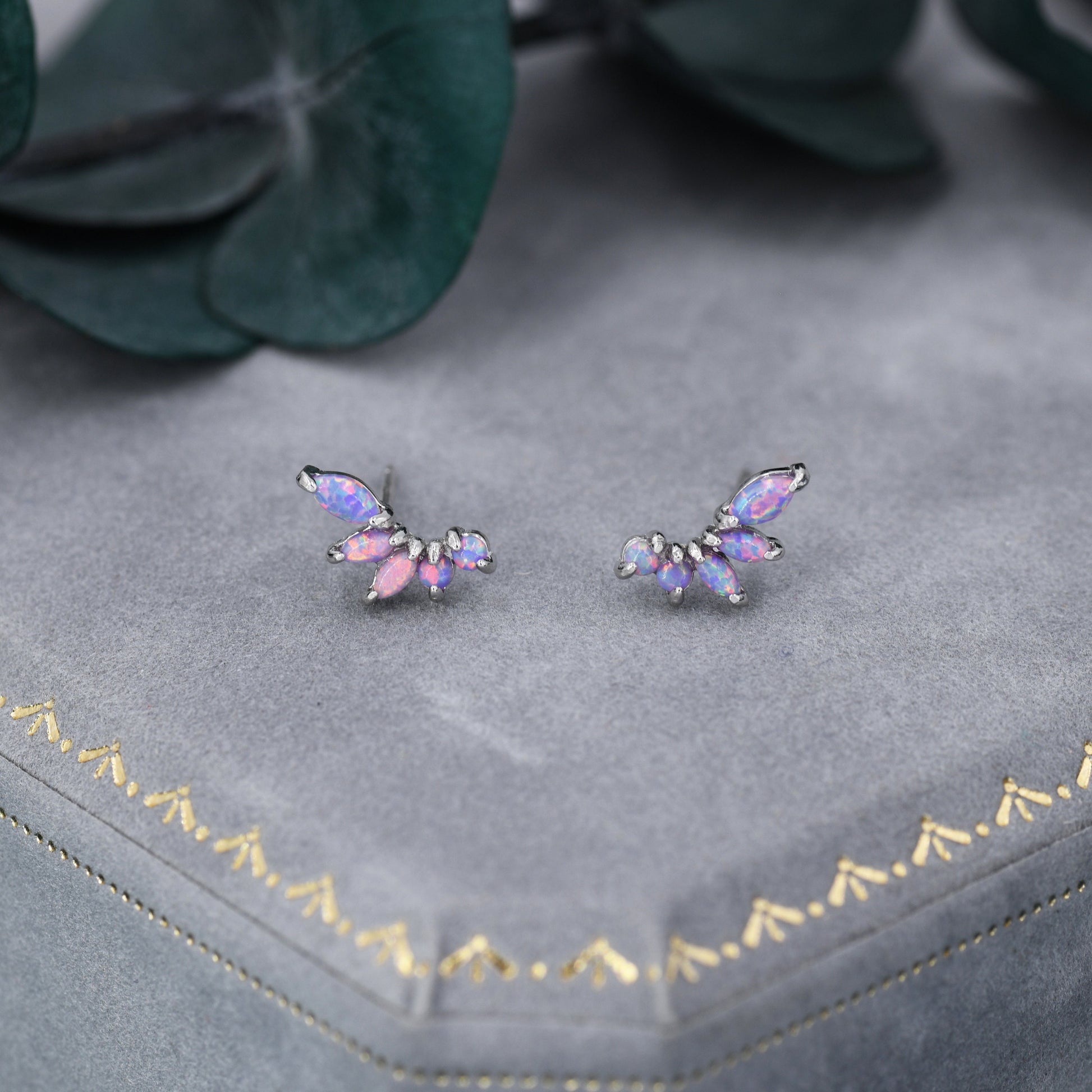 Sterling Silver Purple Opal Marquise Cluster Stud Earrings, Silver and Gold, Opal Earrings, Lab Opal Mini Crawler Earrings, Minimalist