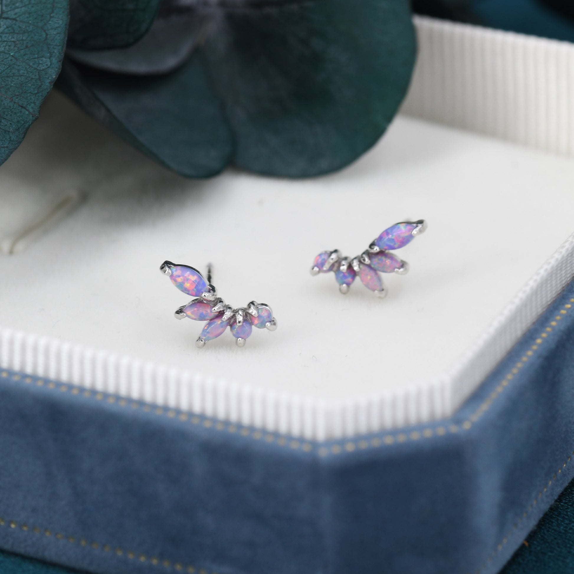 Sterling Silver Purple Opal Marquise Cluster Stud Earrings, Silver and Gold, Opal Earrings, Lab Opal Mini Crawler Earrings, Minimalist