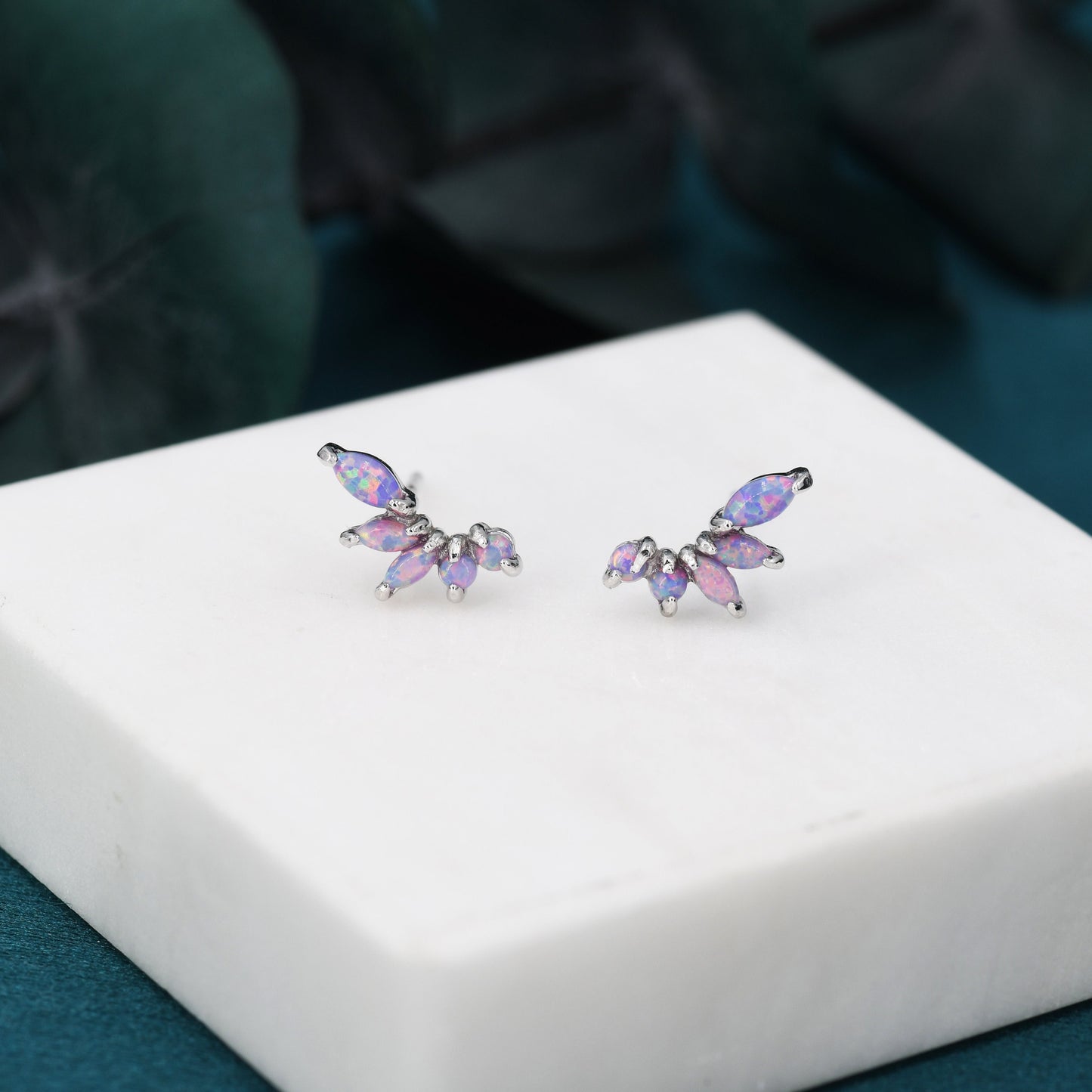 Sterling Silver Purple Opal Marquise Cluster Stud Earrings, Silver and Gold, Opal Earrings, Lab Opal Mini Crawler Earrings, Minimalist