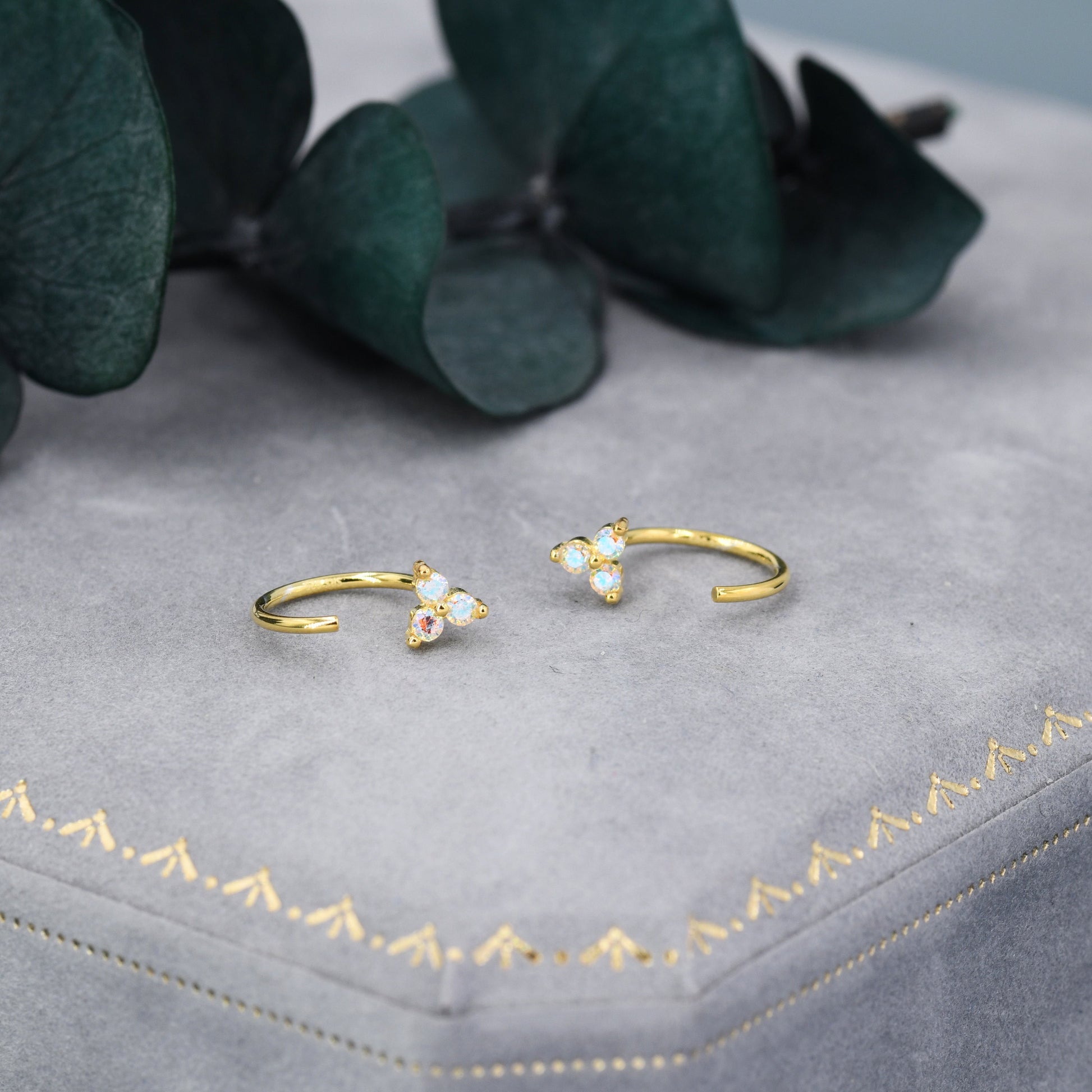 CZ Trio Hydrangea Flower Huggie Hoop Earrings in Sterling Silver, Aurora AB Crystal, Tiny CZ Open Hoops, Pull Through Threaders,