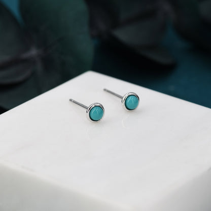 Sterling Silver Green Turquoise Stud Earrings, 3mm, Genuine Turquoise Gemstone Stud, Bezel, Minimalist Style, December Birthstone