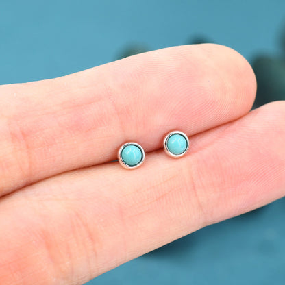 Sterling Silver Green Turquoise Stud Earrings, 3mm, Genuine Turquoise Gemstone Stud, Bezel, Minimalist Style, December Birthstone