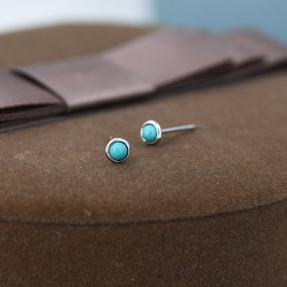 Sterling Silver Green Turquoise Stud Earrings, 3mm, Genuine Turquoise Gemstone Stud, Bezel, Minimalist Style, December Birthstone