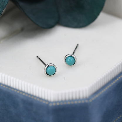 Sterling Silver Green Turquoise Stud Earrings, 3mm, Genuine Turquoise Gemstone Stud, Bezel, Minimalist Style, December Birthstone