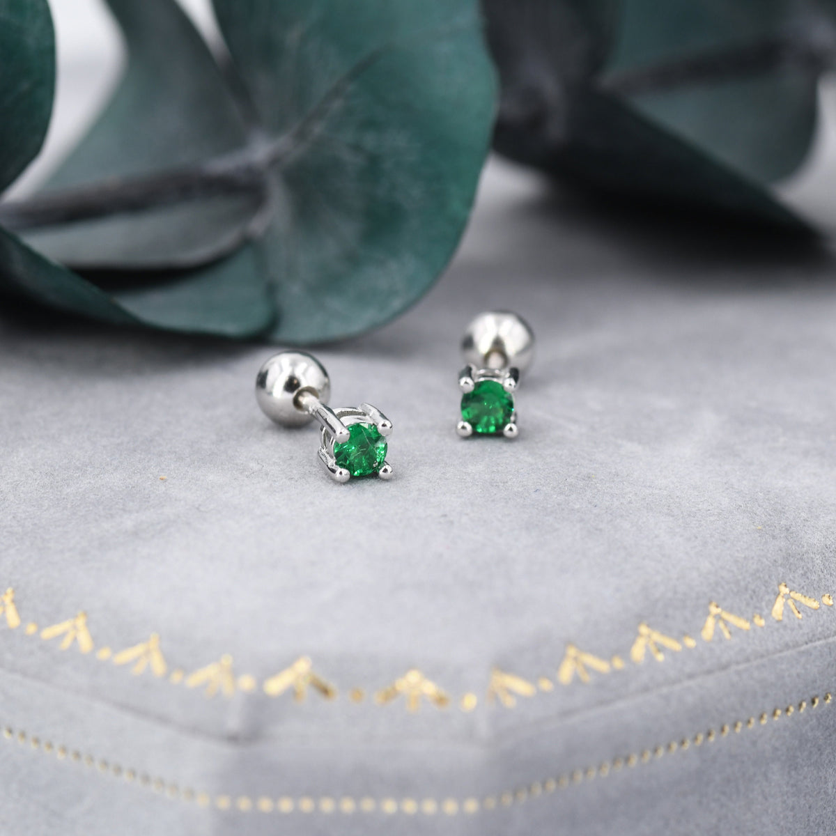 Emerald Green CZ Screw Back Earrings in Sterling Silver, Available in 3mm 4mm 5mm 6mm, Brilliant Cut Emerald Green CZ Earrings, Four Prong