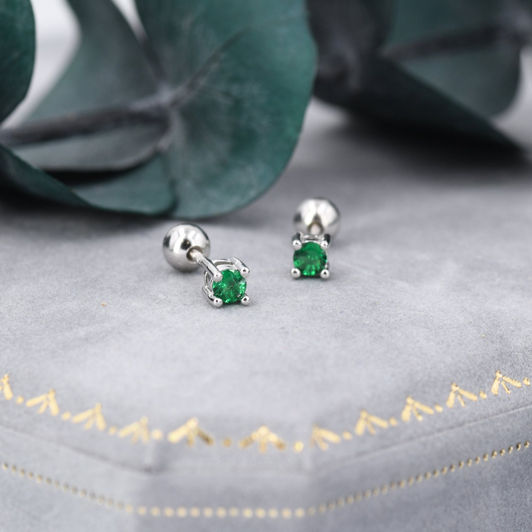Emerald Green CZ Screw Back Earrings in Sterling Silver, Available in 3mm 4mm 5mm 6mm, Brilliant Cut Emerald Green CZ Earrings, Four Prong