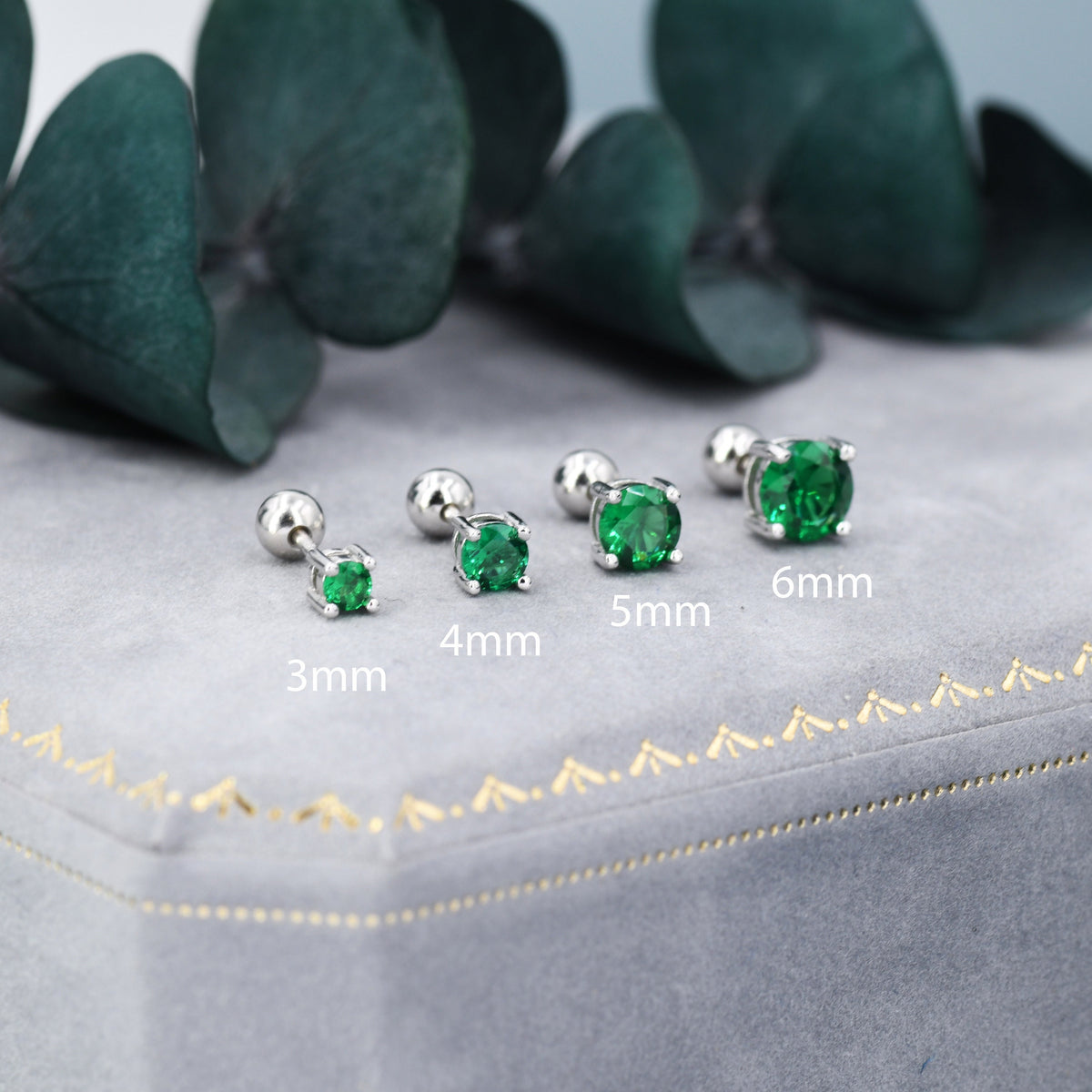 Emerald Green CZ Screw Back Earrings in Sterling Silver, Available in 3mm 4mm 5mm 6mm, Brilliant Cut Emerald Green CZ Earrings, Four Prong