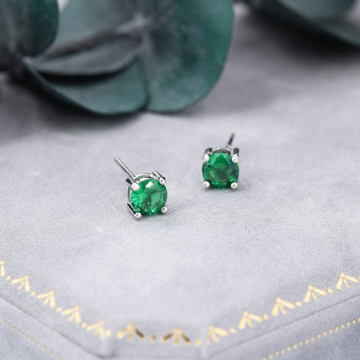 Emerald Green CZ Stud Earrings in Sterling Silver, Available in 3mm, 5mm 6mm, Brilliant Cut Emerald Green CZ Earrings, Four Prong Set