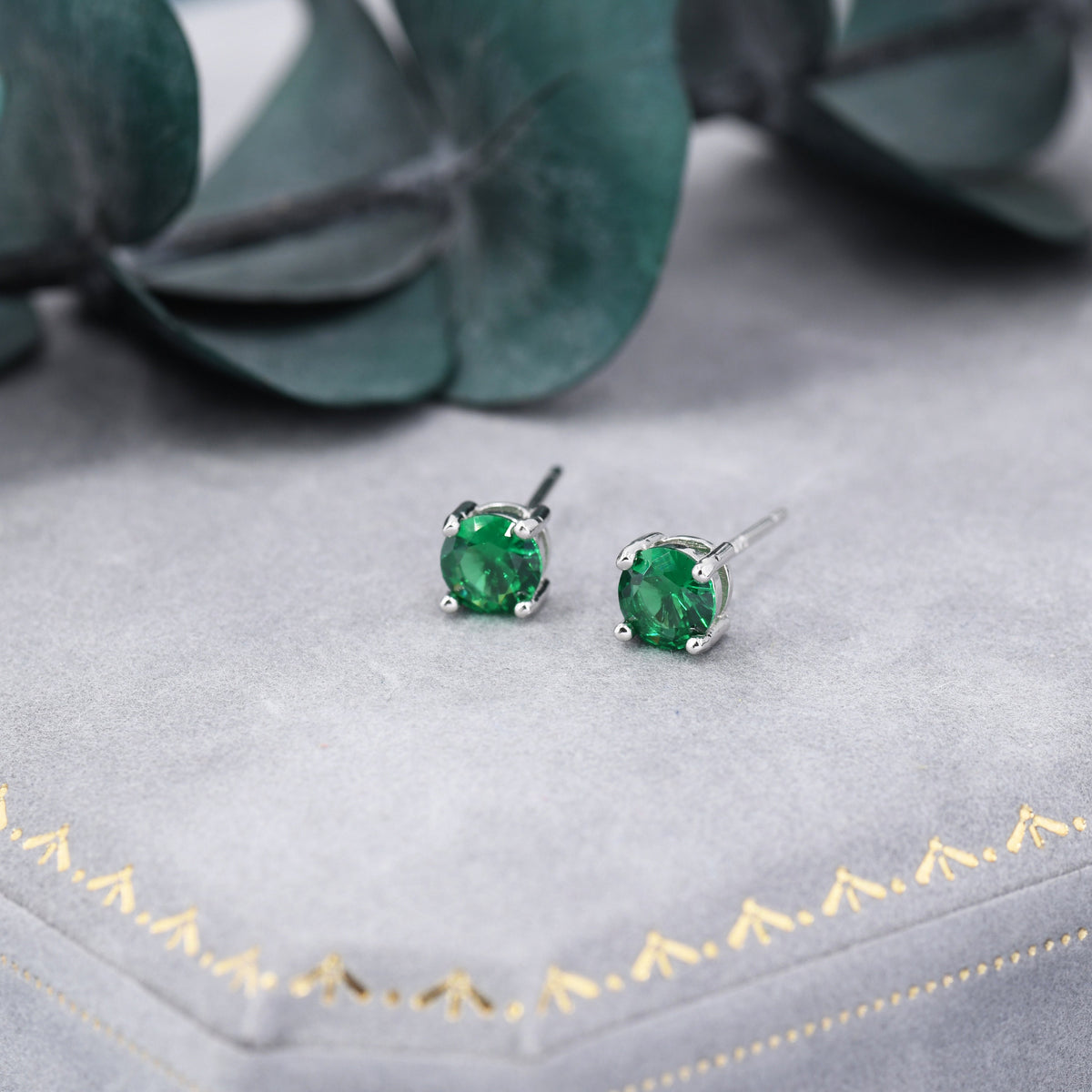 Emerald Green CZ Stud Earrings in Sterling Silver, Available in 3mm, 5mm 6mm, Brilliant Cut Emerald Green CZ Earrings, Four Prong Set