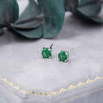Emerald Green CZ Stud Earrings in Sterling Silver, Available in 3mm, 5mm 6mm, Brilliant Cut Emerald Green CZ Earrings, Four Prong Set