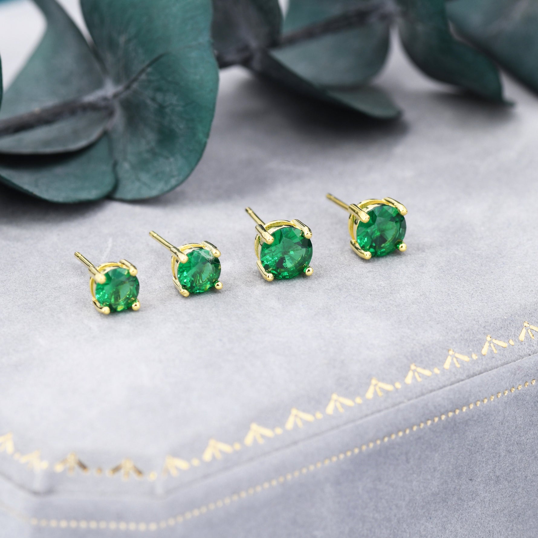 Emerald Green CZ Stud Earrings in Sterling Silver, Available in 3mm, 5mm 6mm, Brilliant Cut Emerald Green CZ Earrings, Four Prong Set