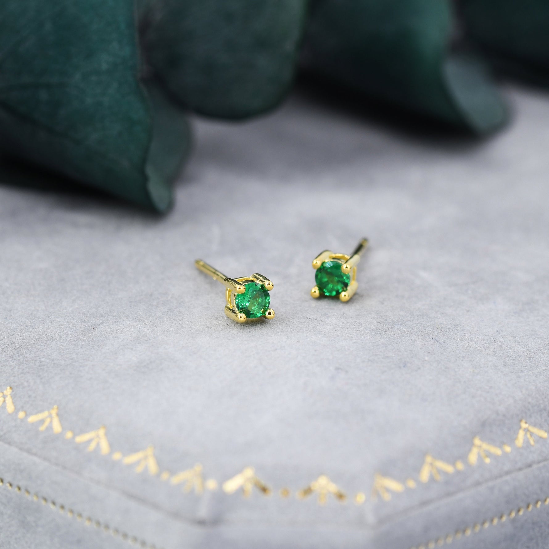 Emerald Green CZ Stud Earrings in Sterling Silver, Available in 3mm, 5mm 6mm, Brilliant Cut Emerald Green CZ Earrings, Four Prong Set