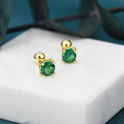 Emerald Green CZ Screw Back Earrings in Sterling Silver, Available in 3mm 4mm 5mm 6mm, Brilliant Cut Emerald Green CZ Earrings, Four Prong