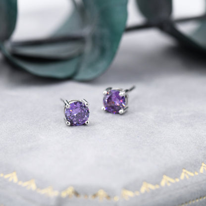 Amethyst Purple CZ Stud Earrings in Sterling Silver, Available in 3mm, 5mm 6mm, Brilliant Cut Purple CZ Earrings, Four Prong Set