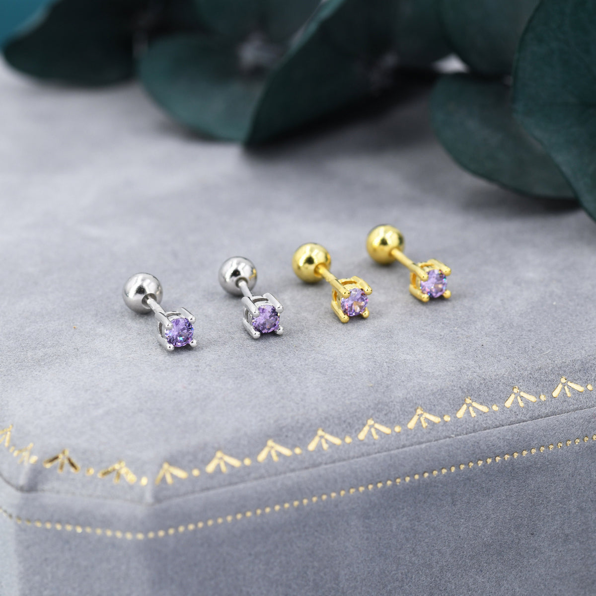 Amethyst Purple CZ Screw Back Earrings in Sterling Silver, Available in 3mm 4mm 5mm, Brilliant Cut Purple CZ Earrings, Four Prong