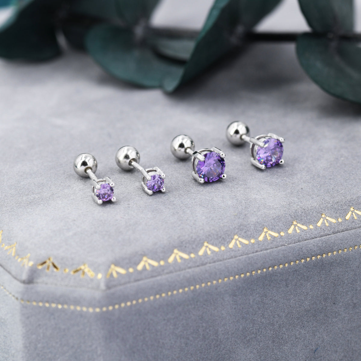 Amethyst Purple CZ Screw Back Earrings in Sterling Silver, Available in 3mm 4mm 5mm, Brilliant Cut Purple CZ Earrings, Four Prong