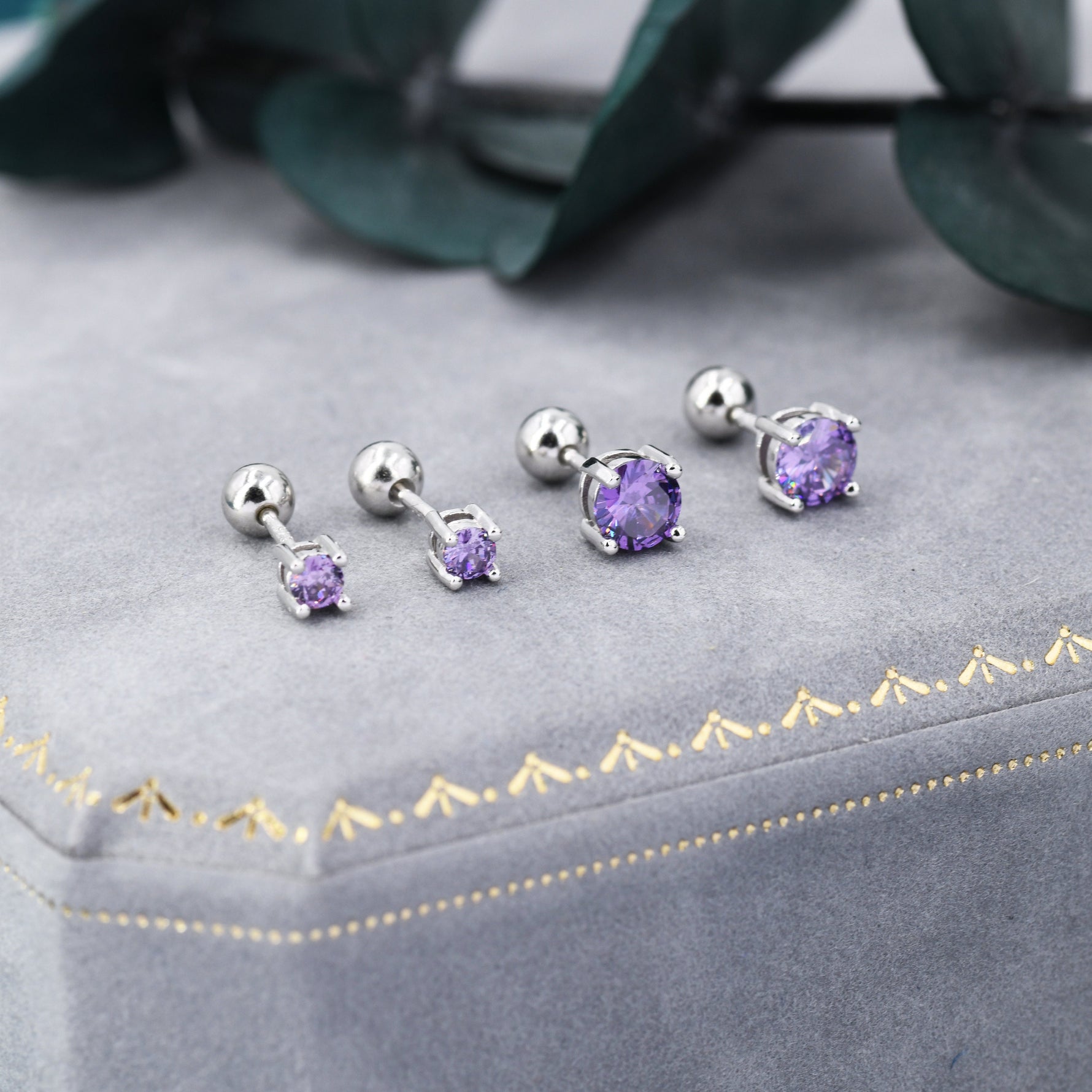 Amethyst Purple CZ Screw Back Earrings in Sterling Silver, Available in 3mm 4mm 5mm, Brilliant Cut Purple CZ Earrings, Four Prong