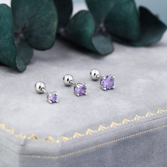 Amethyst Purple CZ Screw Back Earrings in Sterling Silver, Available in 3mm 4mm 5mm, Brilliant Cut Purple CZ Earrings, Four Prong