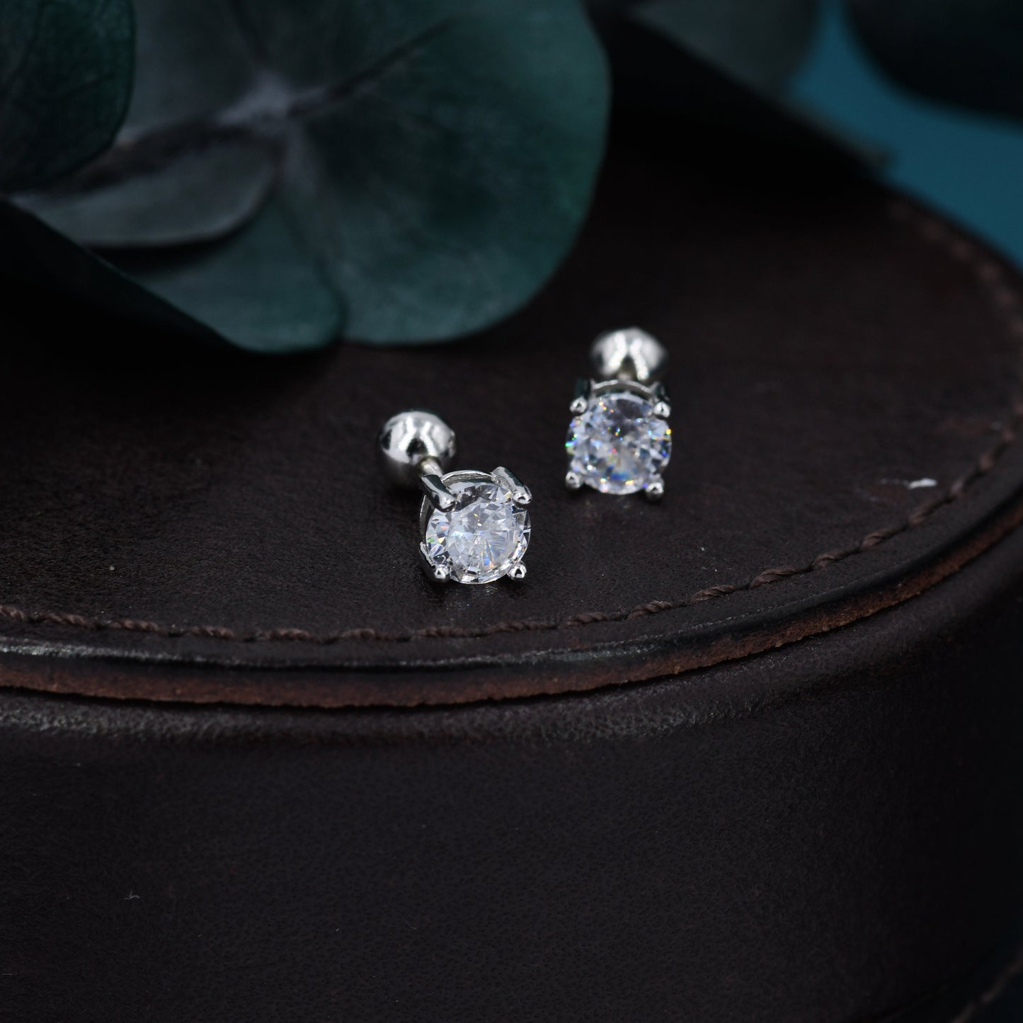 CZ Crystal Screw Back Earrings in Sterling Silver, Available in 3mm 4mm 5mm 6mm, Brilliant Cut CZ Earrings, Four Prong, Silver or Gold