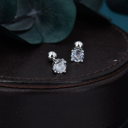 CZ Crystal Screw Back Earrings in Sterling Silver, Available in 3mm 4mm 5mm 6mm, Brilliant Cut CZ Earrings, Four Prong, Silver or Gold