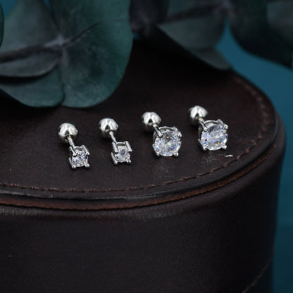 CZ Crystal Screw Back Earrings in Sterling Silver, Available in 3mm 4mm 5mm 6mm, Brilliant Cut CZ Earrings, Four Prong, Silver or Gold