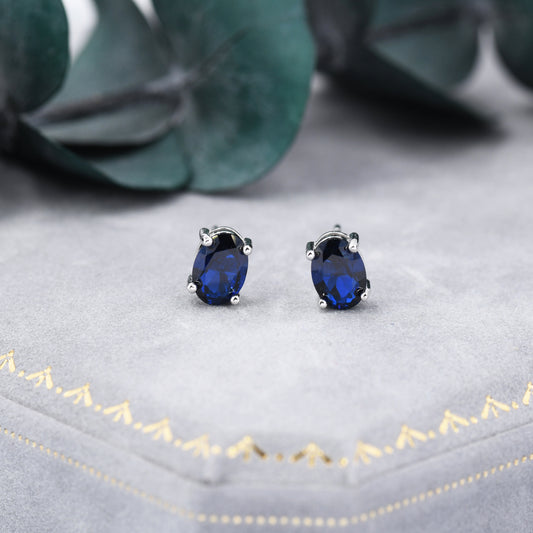 Sapphire Blue Oval CZ Stud Earrings in Sterling Silver, Available in Two Finishes, Oval Cut Crystal Earrings, September Birthstone