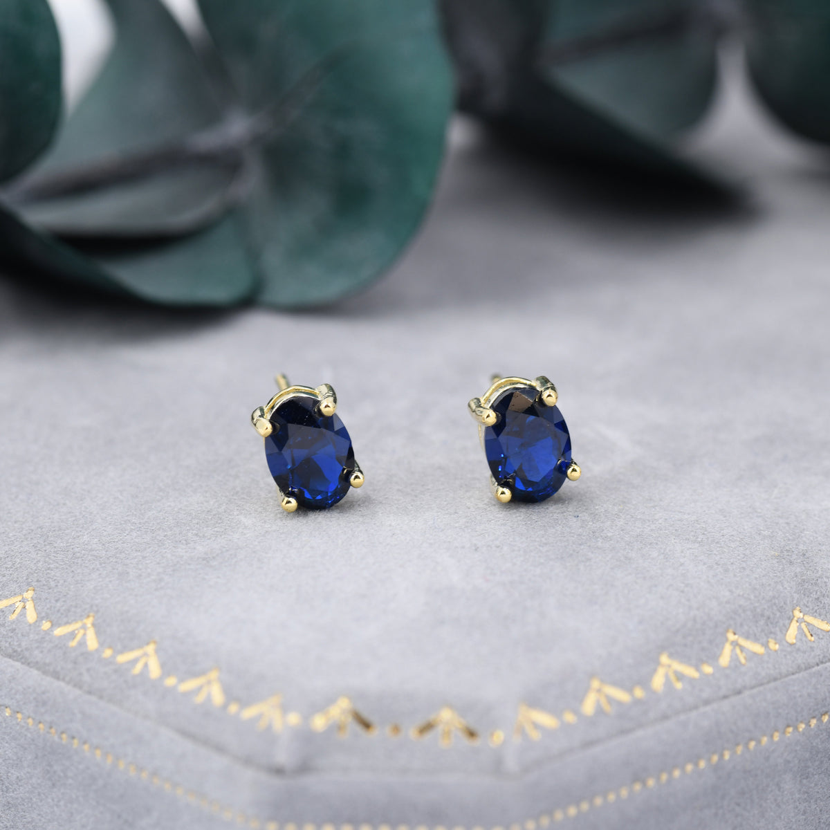 Sapphire Blue Oval CZ Stud Earrings in Sterling Silver, Available in Two Finishes, Oval Cut Crystal Earrings, September Birthstone