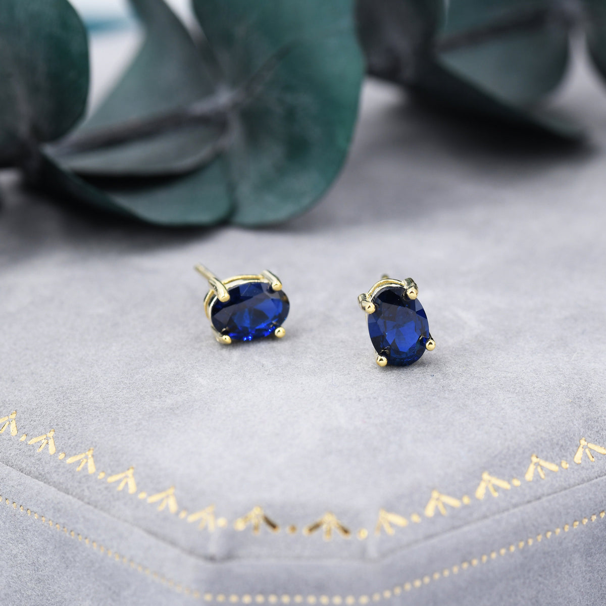 Sapphire Blue Oval CZ Stud Earrings in Sterling Silver, Available in Two Finishes, Oval Cut Crystal Earrings, September Birthstone