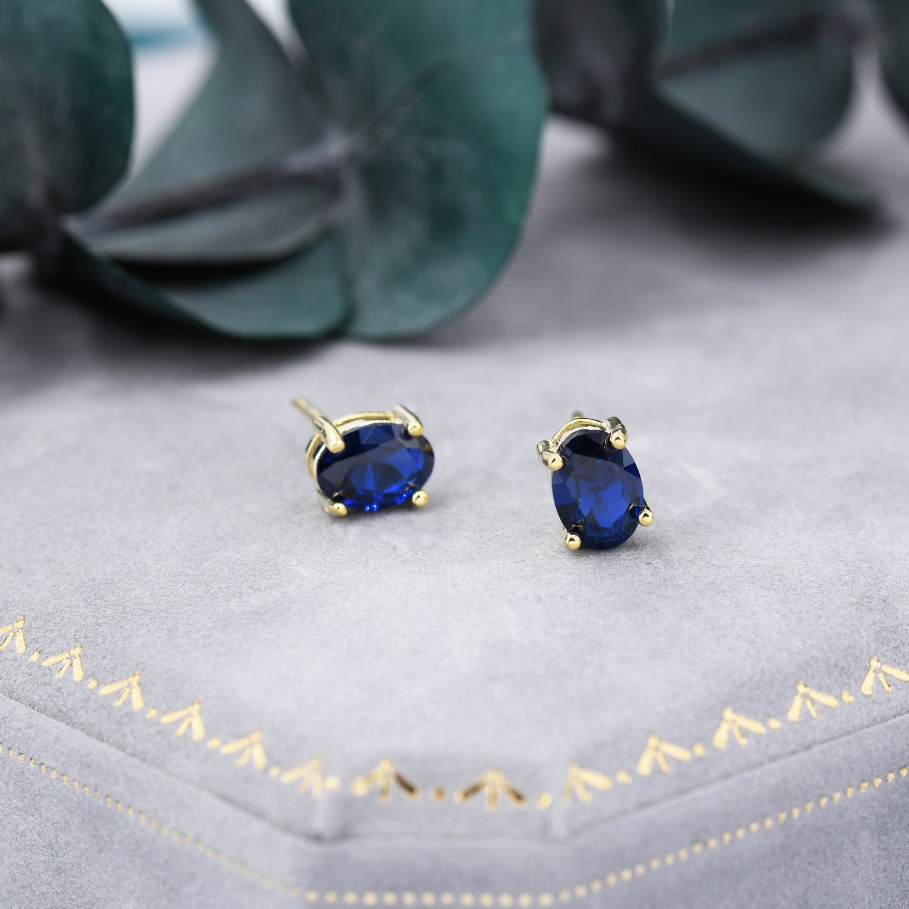 Sapphire Blue Oval CZ Stud Earrings in Sterling Silver, Available in Two Finishes, Oval Cut Crystal Earrings, September Birthstone