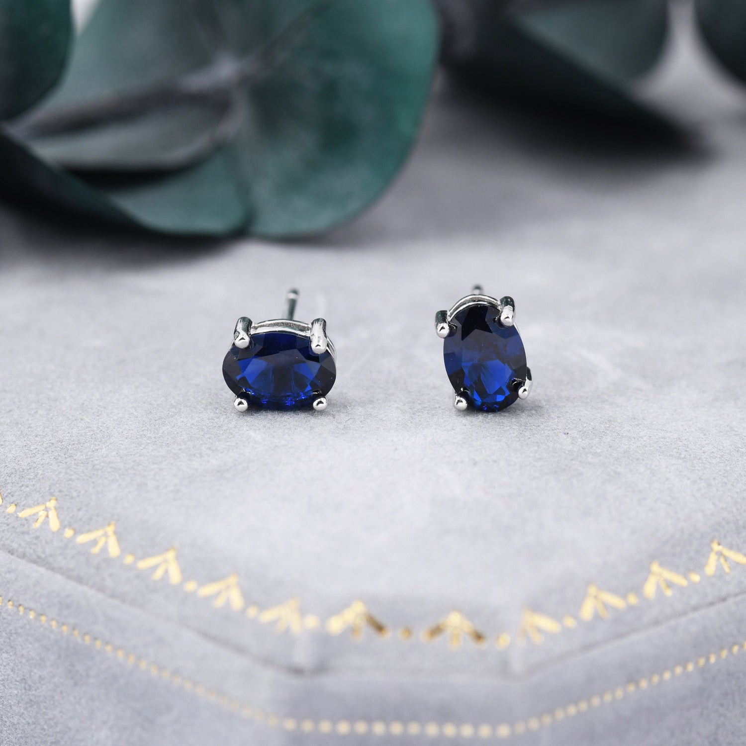 Sapphire Blue Oval CZ Stud Earrings in Sterling Silver, Available in Two Finishes, Oval Cut Crystal Earrings, September Birthstone