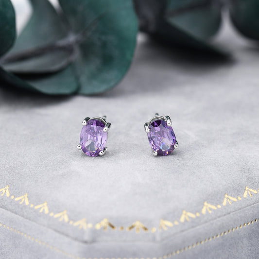 Amethyst Purple Oval CZ Stud Earrings in Sterling Silver,  Available in Two Sizes, Oval Cut Crystal Earrings, February Birthstone