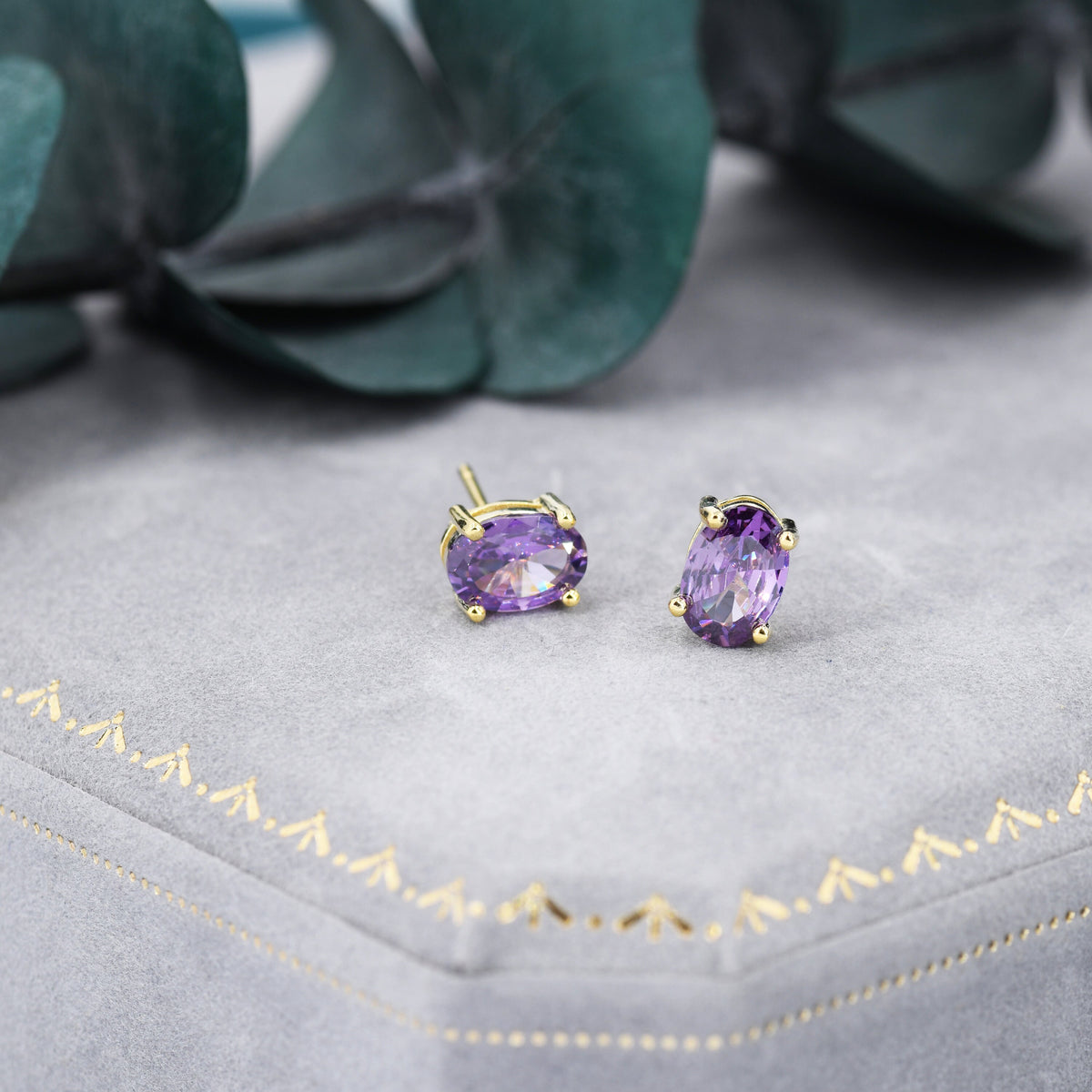 Amethyst Purple Oval CZ Stud Earrings in Sterling Silver, Available in Two Sizes, Oval Cut Crystal Earrings, February Birthstone