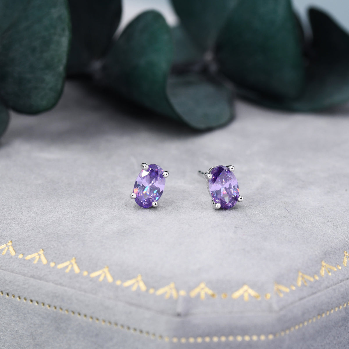 Amethyst Purple Oval CZ Stud Earrings in Sterling Silver, Available in Two Sizes, Oval Cut Crystal Earrings, February Birthstone
