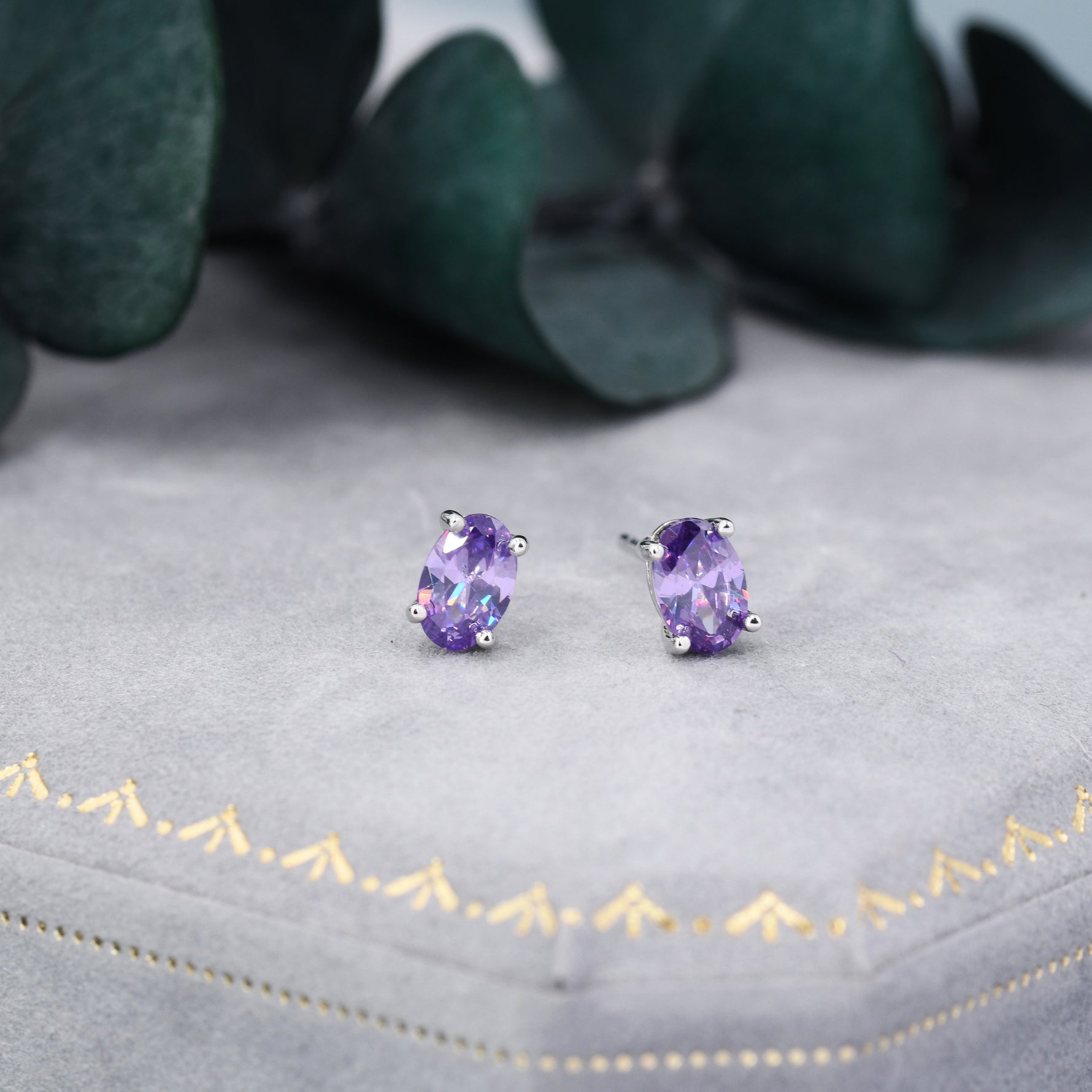 Amethyst Purple Oval CZ Stud Earrings in Sterling Silver, Available in Two Sizes, Oval Cut Crystal Earrings, February Birthstone