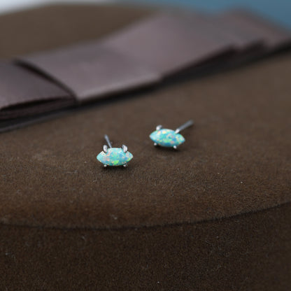 Extra Tiny Green Opal Marquise Stud Earrings in Sterling Silver, Tiny Marquise Opal Earrings, Mint Green Opal, Lab Opal Stud