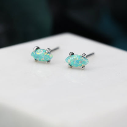 Extra Tiny Green Opal Marquise Stud Earrings in Sterling Silver, Tiny Marquise Opal Earrings, Mint Green Opal, Lab Opal Stud