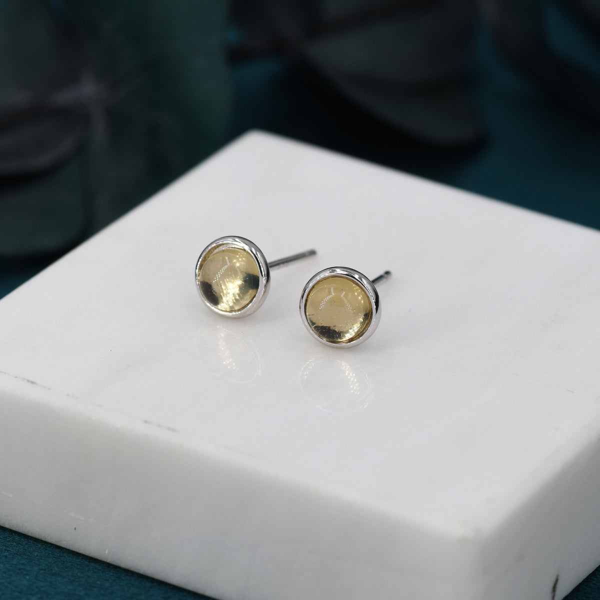 Natural Citrine Crystal Stud Earrings in Sterling Silver - 6mm - Genuine Yellow Citrine Crystal Stud Earrings - Semi Precious Gemstone