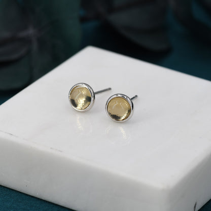 Natural Citrine Crystal Stud Earrings in Sterling Silver - 6mm - Genuine Yellow Citrine Crystal Stud Earrings  - Semi Precious Gemstone