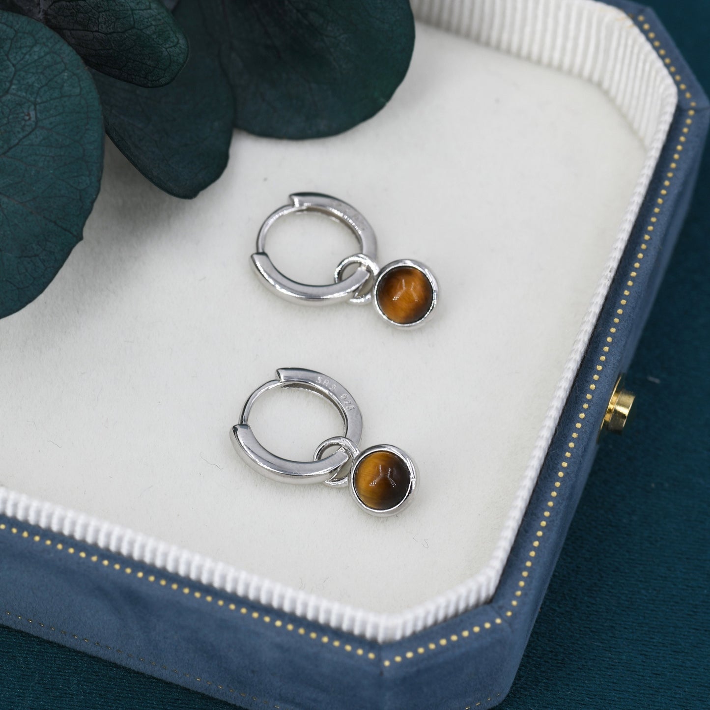 Sterling Silver Dangling Tiger&#39;s Eye Hoop Earrings, Detachable Tiger&#39;s Eye Coin Dangle Hoop Earrings, Interchangeable