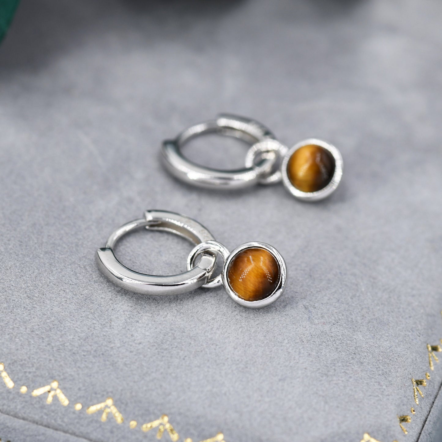 Sterling Silver Dangling Tiger&#39;s Eye Hoop Earrings, Detachable Tiger&#39;s Eye Coin Dangle Hoop Earrings, Interchangeable