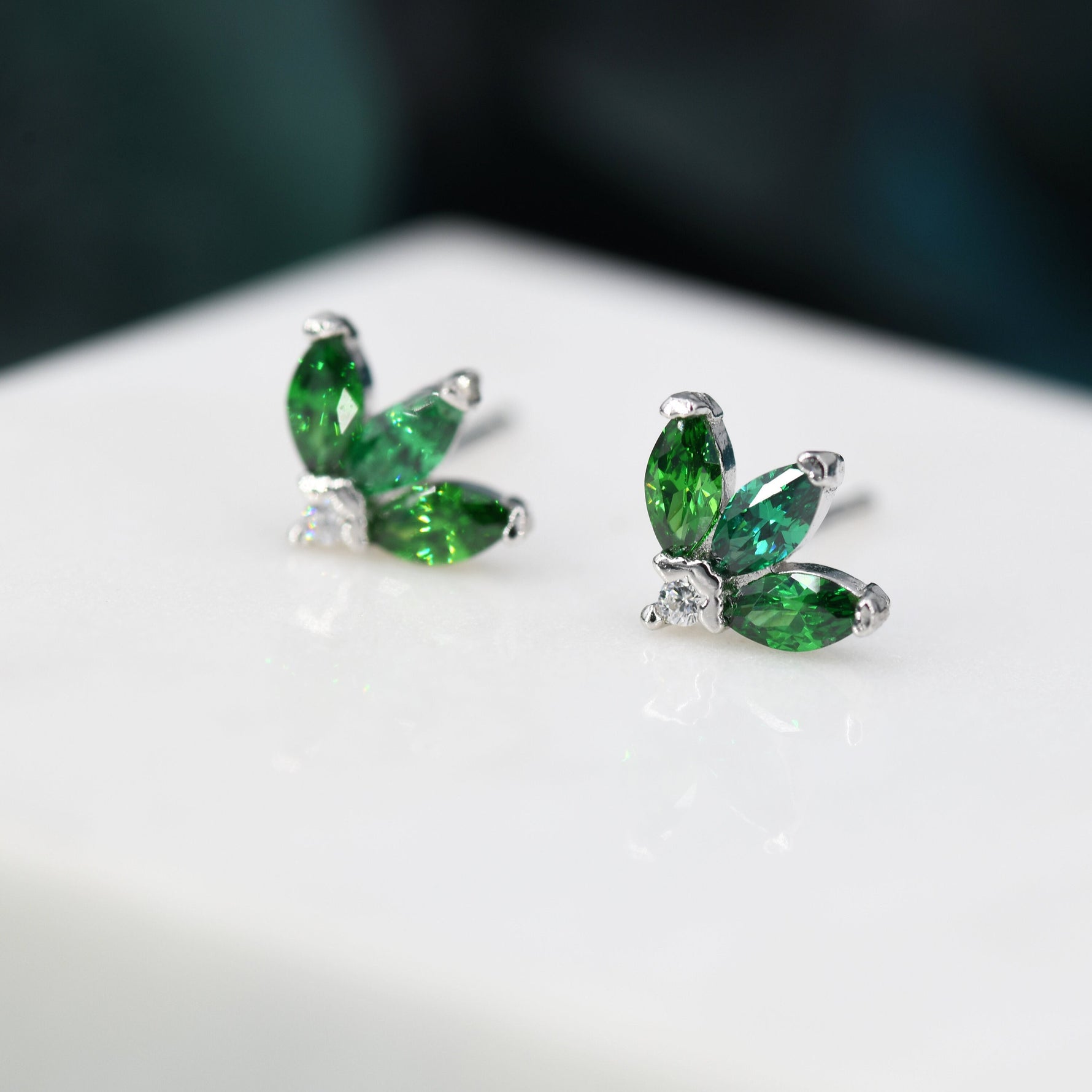 Sterling Silver Emerald Green CZ Marquise Cluster Stud Earrings, Gold or Silver, Marquise Fan Stud, CZ Crown Stud, Three Marquise Stud
